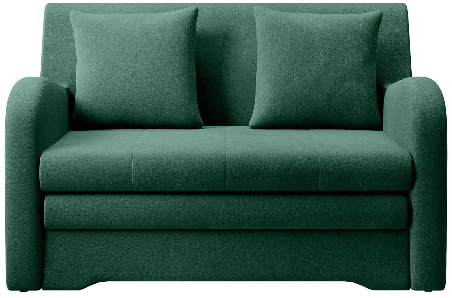 Zielona sofa Ario w gładkiej tkaninie, packshot, widok front na białym tle, dwie poduszki.
