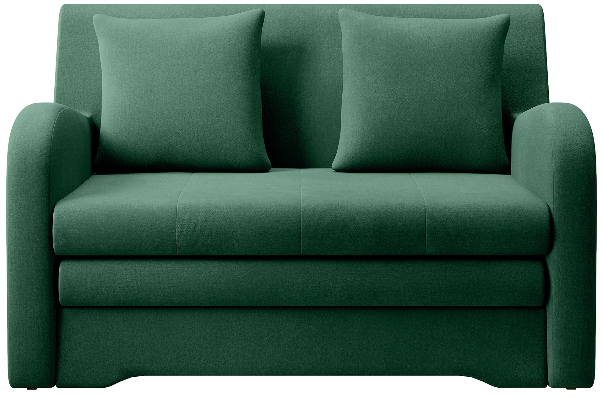 Zielona sofa Ario w gładkiej tkaninie, packshot, widok front na białym tle, dwie poduszki.