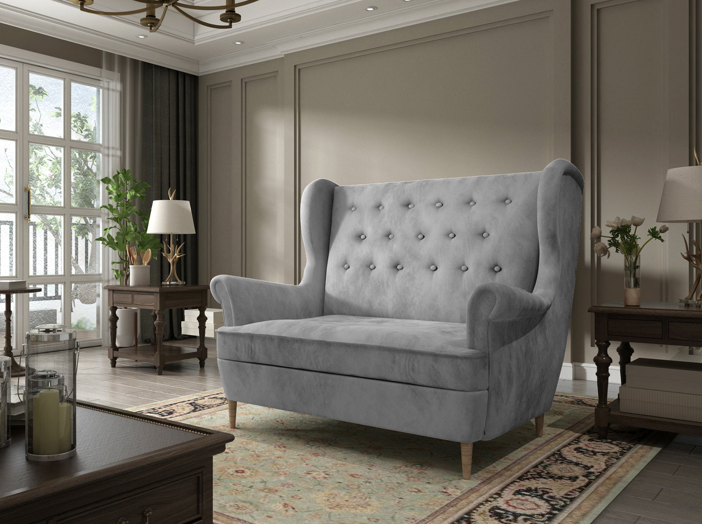 Sofa Aros w tkaninie Monolith 84 jasnoszary – stylowa sofa w nowoczesnym salonie z jasnymi dodatkami, drewnianą podłogą i dużym oknem.