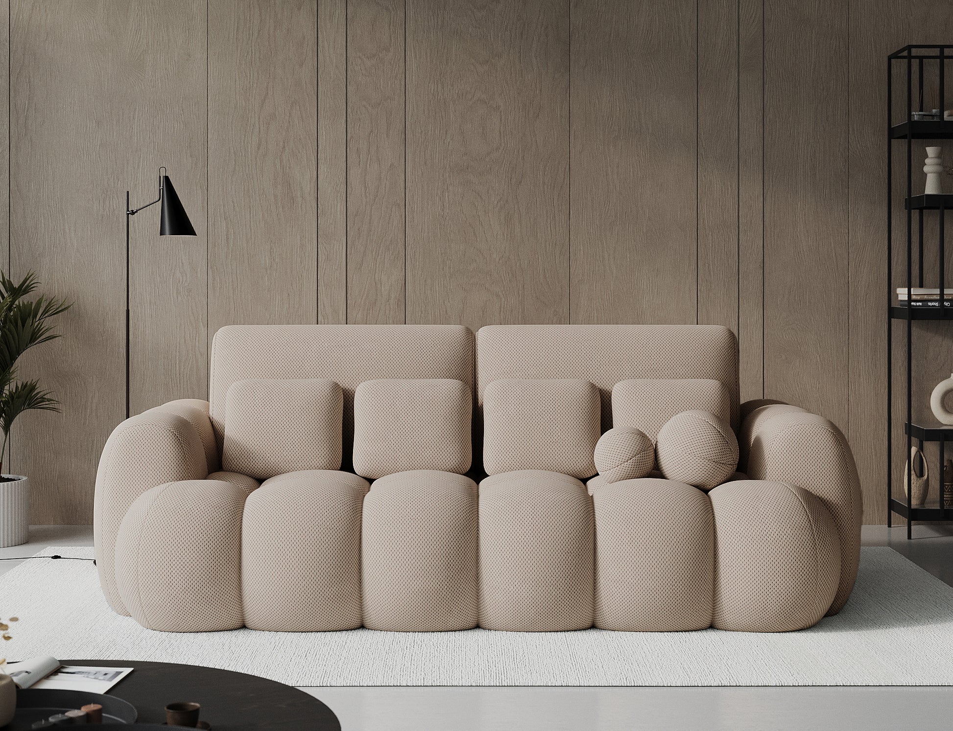 Sofa Cotonn Calmora18 – minimalistyczna forma i beżowa tkanina, która wprowadza ciepło i harmonię do każdego wnętrza.