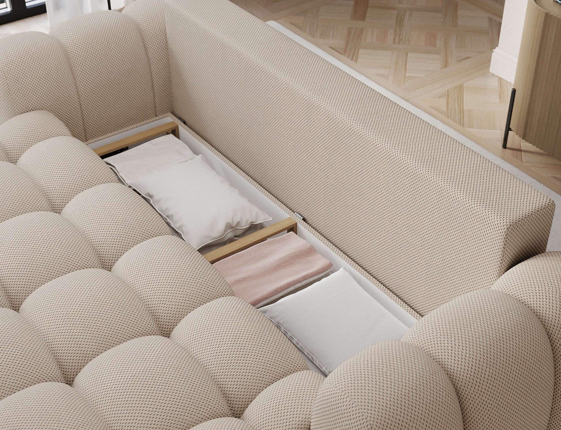 Cotonn Calmora18 – sofa z funkcjonalnym pojemnikiem na pościel. Komfort i elegancja w codziennym użytkowaniu.