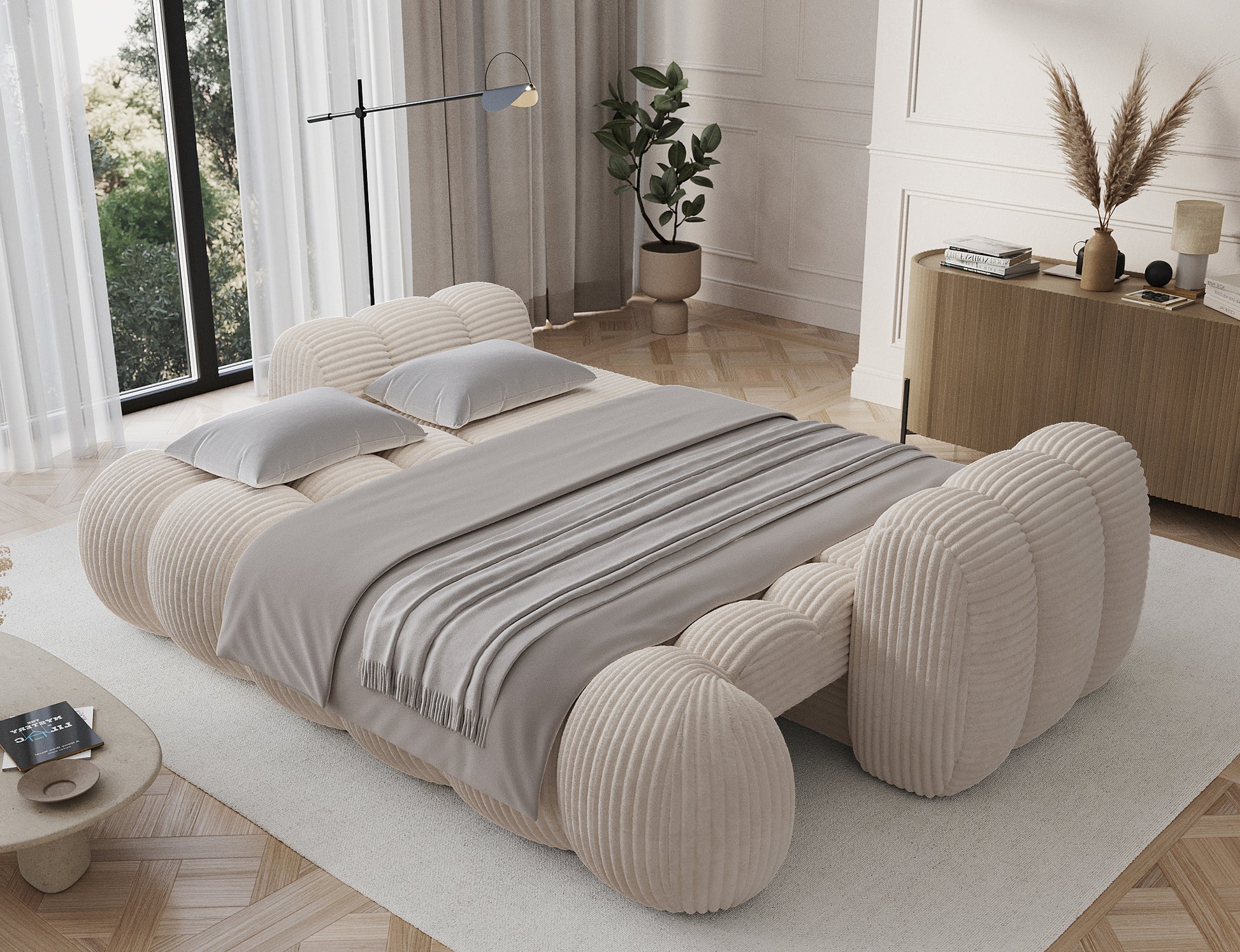 Sofa Cotonn Modullo z funkcją spania – rozkładana kanapa 3-osobowa w tkaninie sztruksowej Modullo 01 w ustawieniu łóżkowym, w jasnym eleganckim wnętrzu.