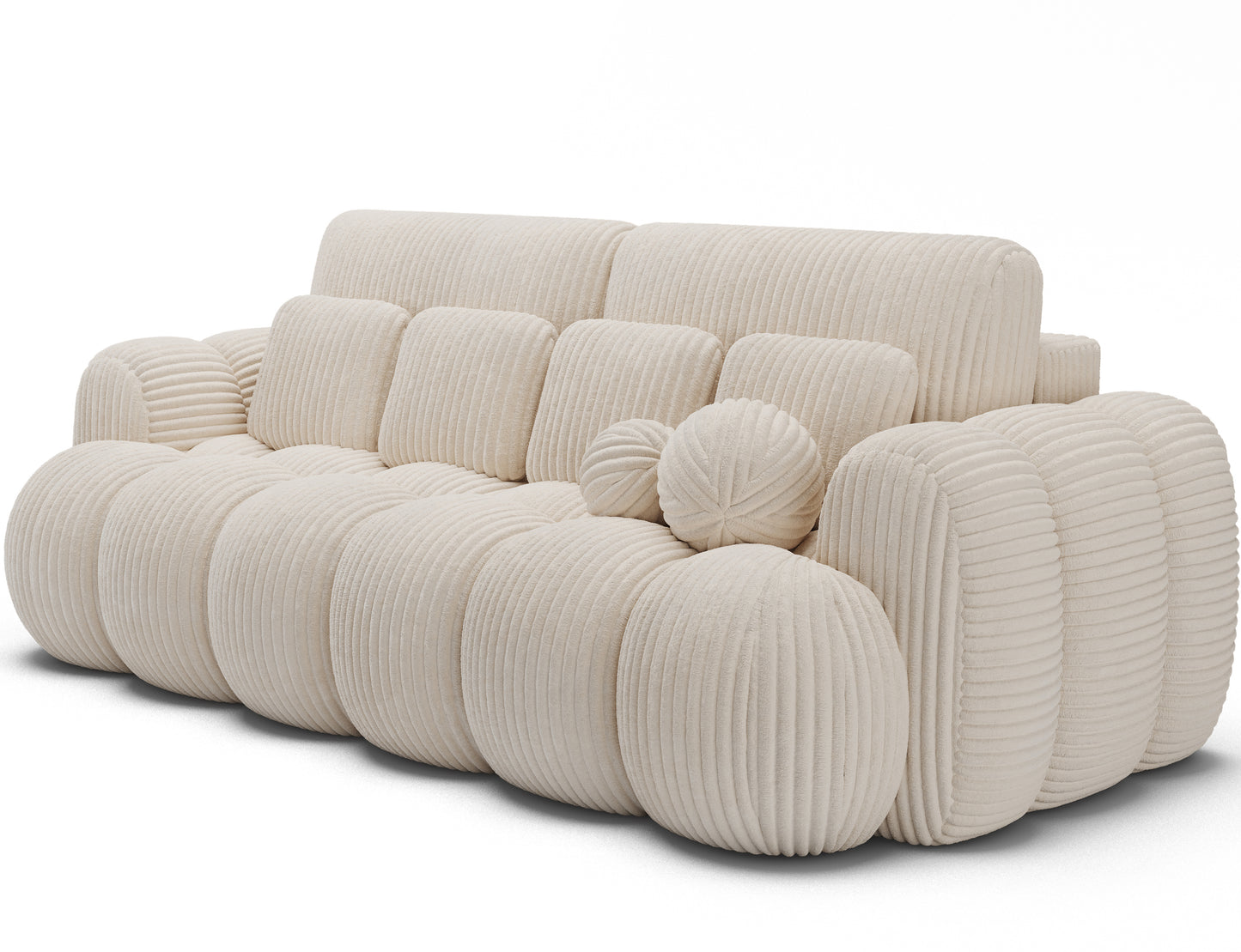 Nowoczesna sofa Cotonn Modullo 3-osobowa w białej tkaninie Modullo 01 – pikowana forma z poduszkami dekoracyjnymi w stylu soft lounge.