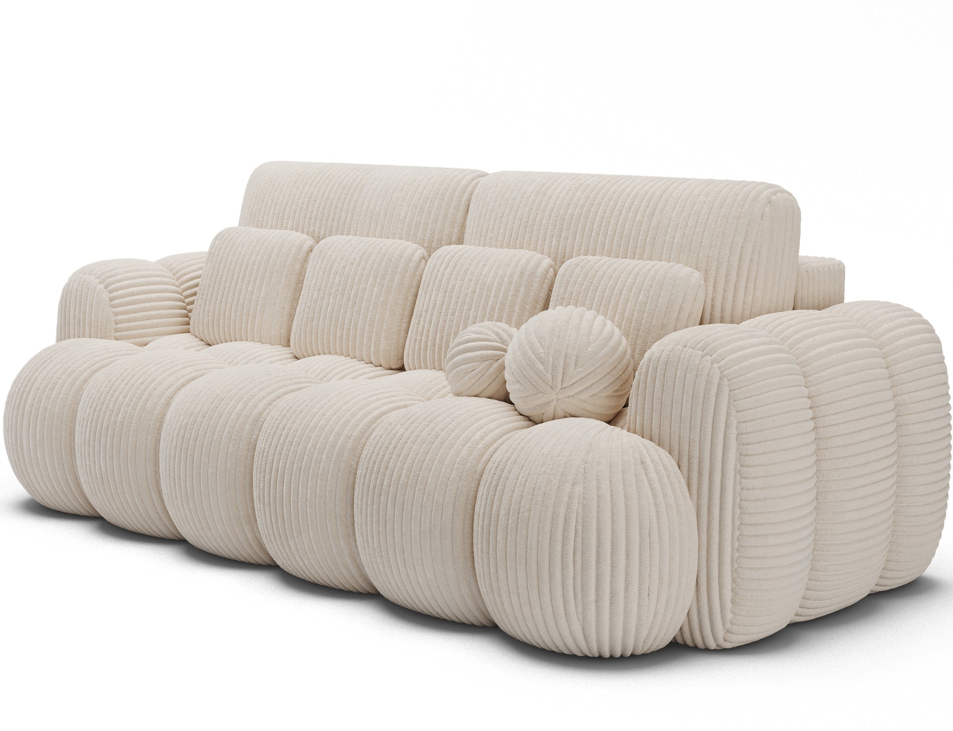 Nowoczesna sofa Cotonn Modullo 3-osobowa w białej tkaninie Modullo 01 – pikowana forma z poduszkami dekoracyjnymi w stylu soft lounge.