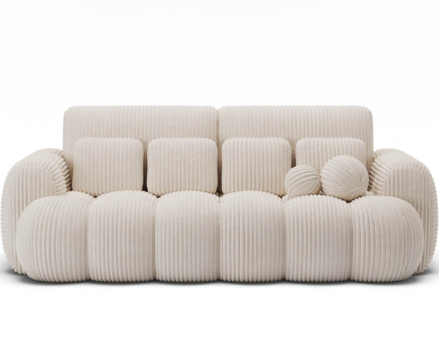 Nowoczesna sofa Cotonn Modullo 3-osobowa w białej tkaninie sztruksowej – modułowy design i komplet dekoracyjnych poduszek w zestawie.