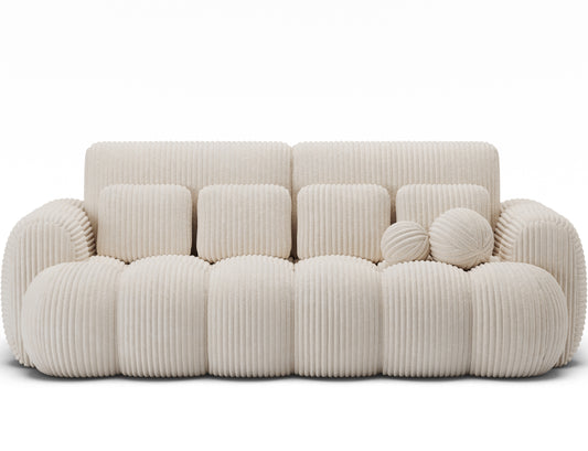 Nowoczesna sofa Cotonn Modullo 3-osobowa w białej tkaninie sztruksowej – modułowy design i komplet dekoracyjnych poduszek w zestawie.