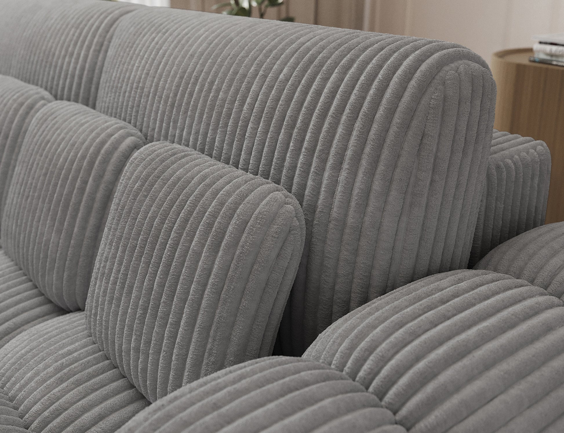 Sofa Cotonn Modullo 03 jasnoszary – aksamitny sztruks, wygodne oparcia, funkcja spania i pojemnik. Styl i komfort w jednym.