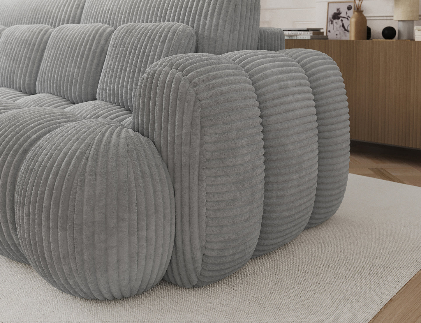 Cotonn Modullo 03 jasnoszary – nowoczesna sofa z miękkim sztruksem, ergonomicznym podłokietnikiem i funkcją spania.