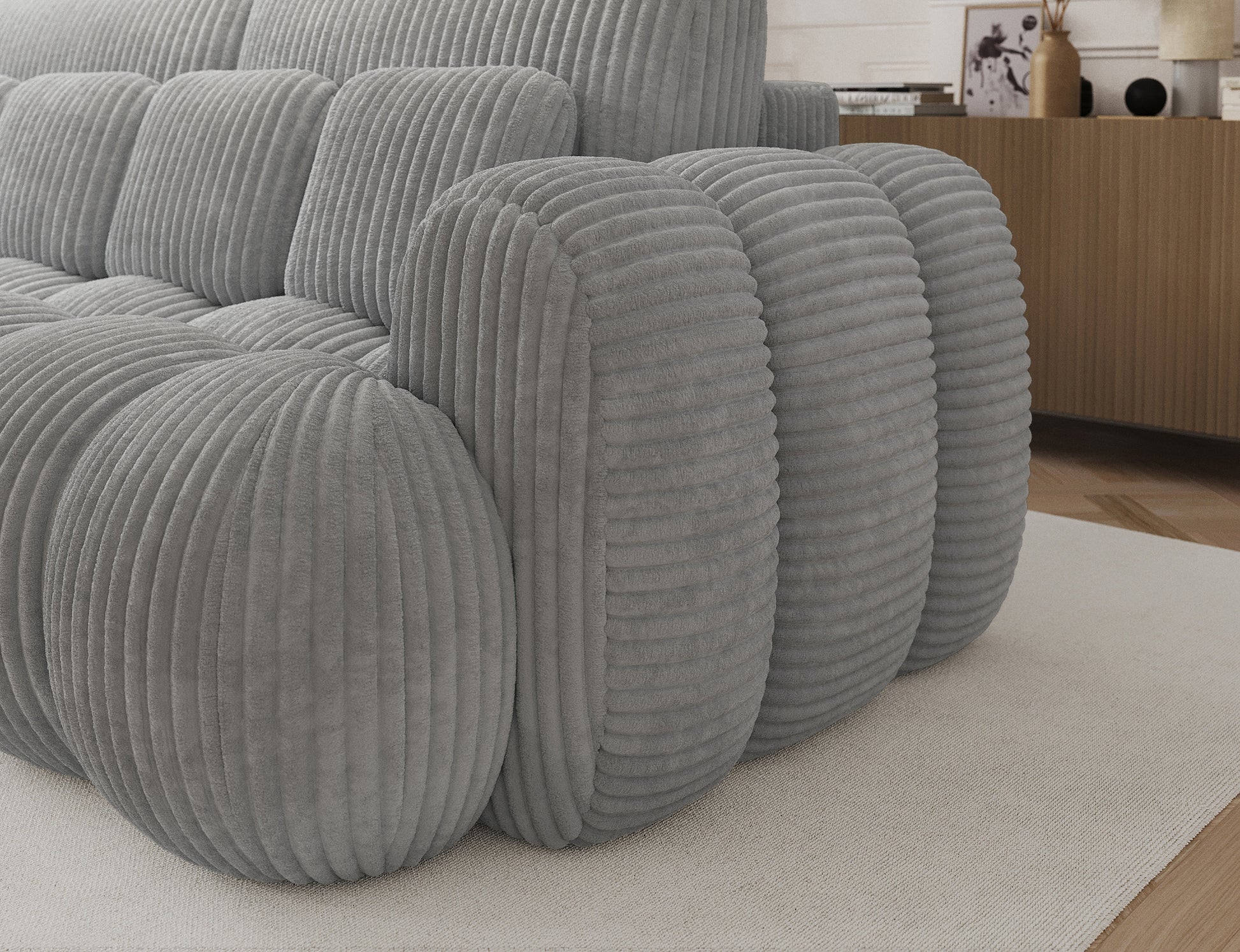 Cotonn Modullo 03 jasnoszary – nowoczesna sofa z miękkim sztruksem, ergonomicznym podłokietnikiem i funkcją spania.