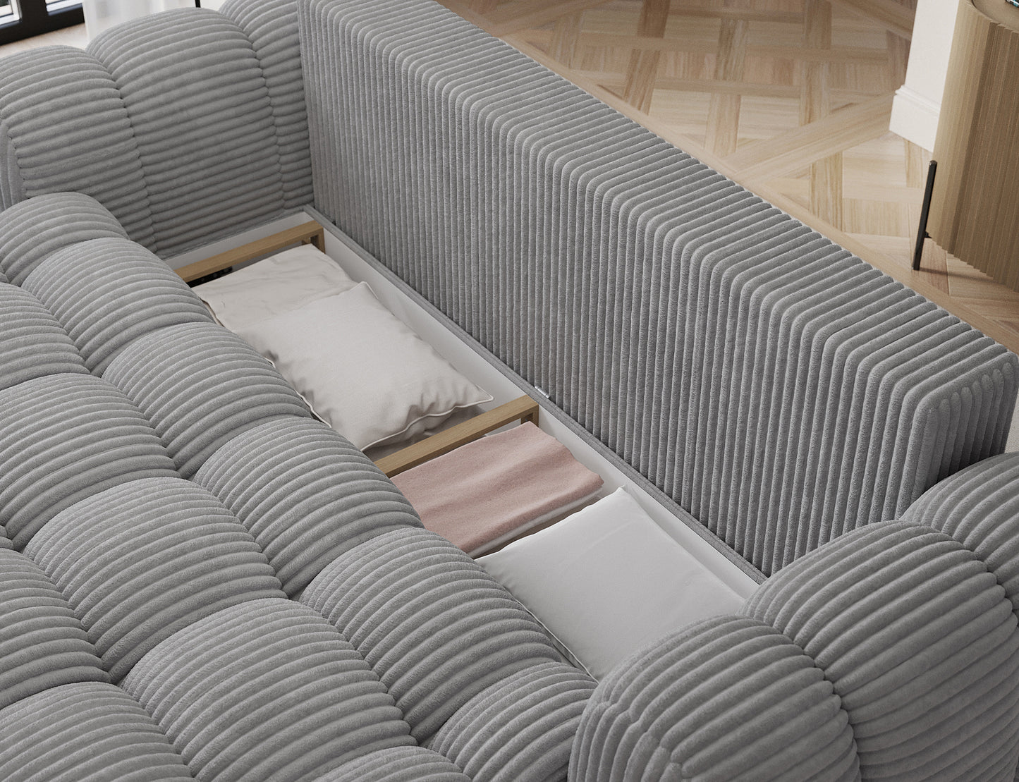 Sofa Cotonn Modullo 03 jasnoszara – nowoczesny design, komfort spania i pojemnik na pościel. Praktyczna i stylowa do każdego wnętrza.