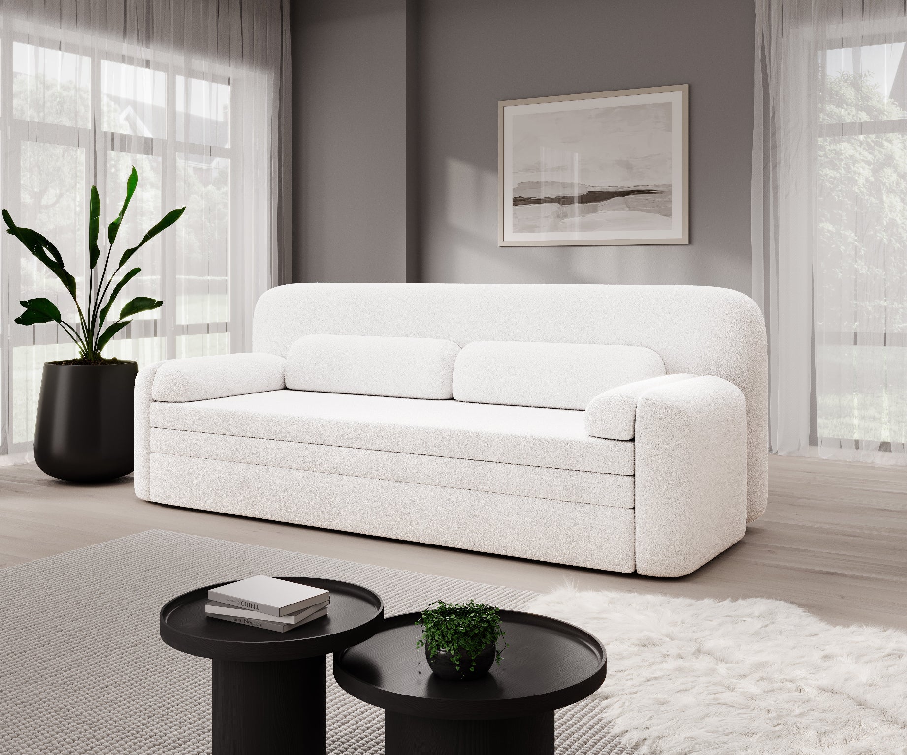 Sofa Elioss Royal 01 w białej tkaninie bouclé, w eleganckiej aranżacji wnętrza z dużymi oknami, rośliną i nowoczesnymi dodatkami.