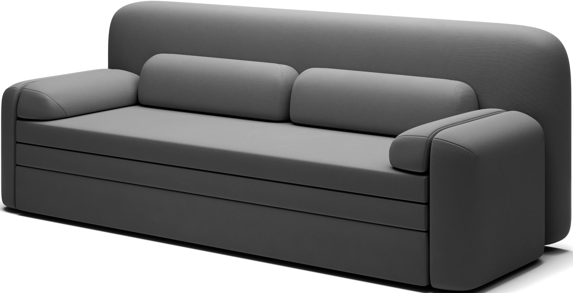 Sofa Elioss Sola 06 w ciemnoszarym kolorze – nowoczesna, zaokrąglona forma i minimalistyczna tapicerka widoczna w ujęciu skośnym.