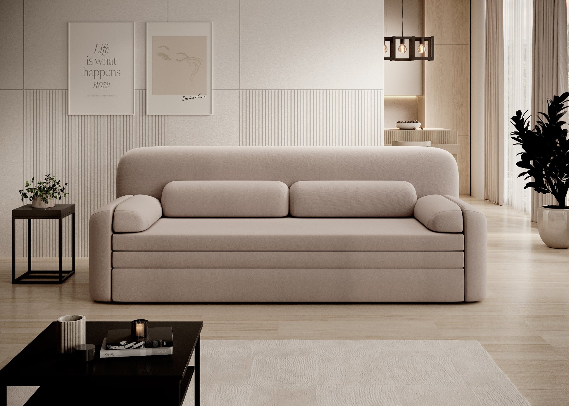 Sofa Elioss Sola 18 w jasnobeżowej tkaninie w eleganckim, nowoczesnym wnętrzu z minimalistyczną dekoracją.