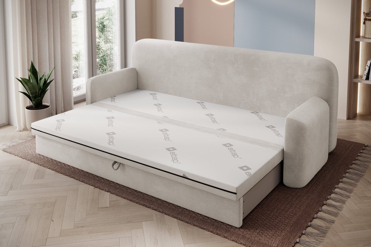 Rozłożona sofa Elioss w tkaninie Tabbris 18 jasnobeżowa z funkcją spania, widoczna na tle jasnego wnętrza z dużym oknem.