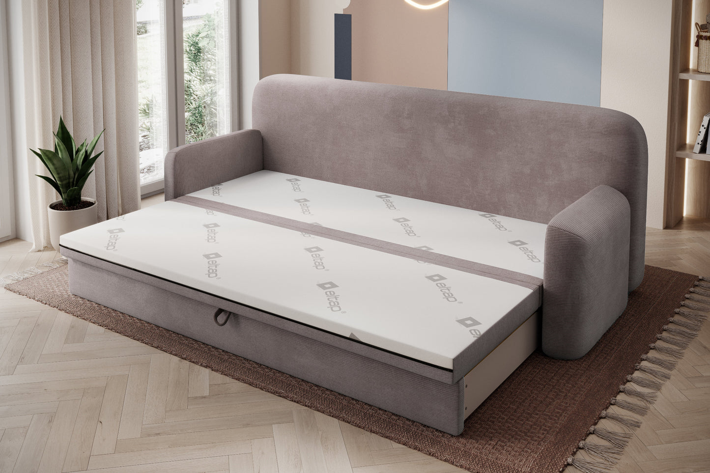 Rozłożona sofa Elioss w tkaninie sztruksowej Tabbris 22 brązowej, funkcja spania z materacem.