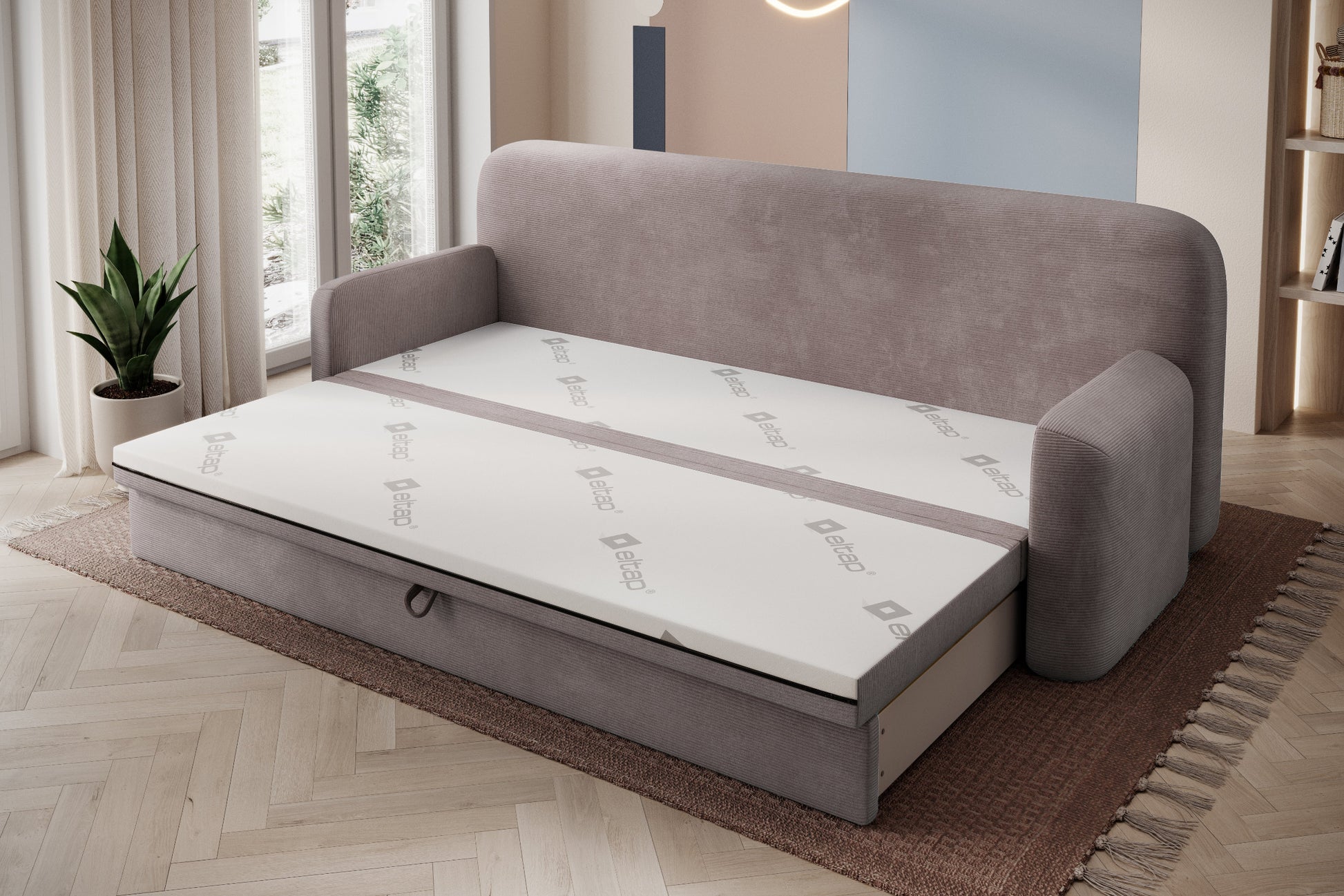 Rozłożona sofa Elioss w tkaninie sztruksowej Tabbris 22 brązowej, funkcja spania z materacem.