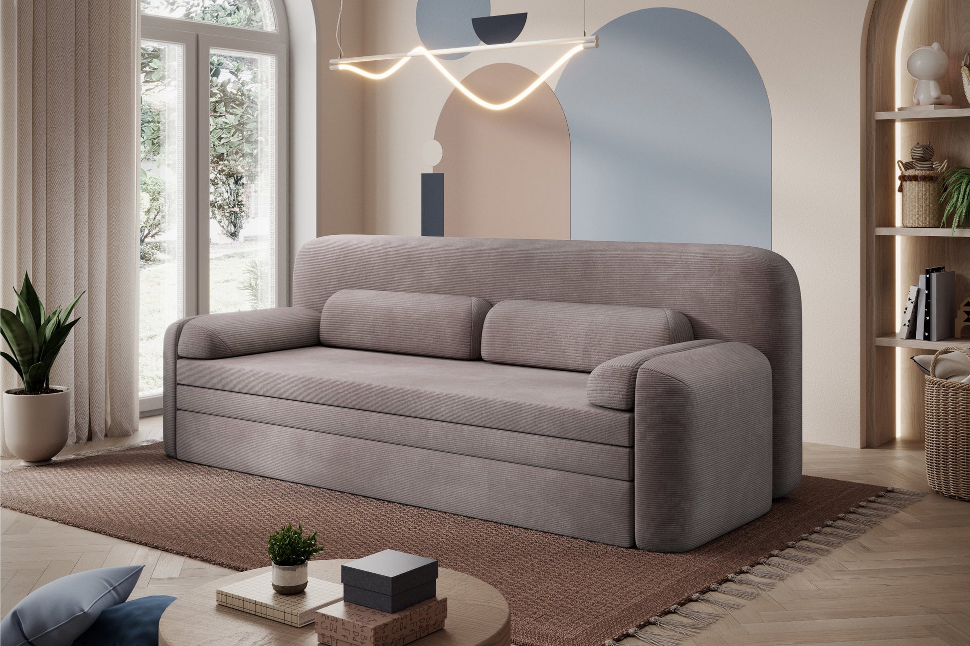 Sofa Elioss w tkaninie sztruksowej Tabbris 22 brązowej, ustawiona pod skosem w nowoczesnym, przytulnym salonie.