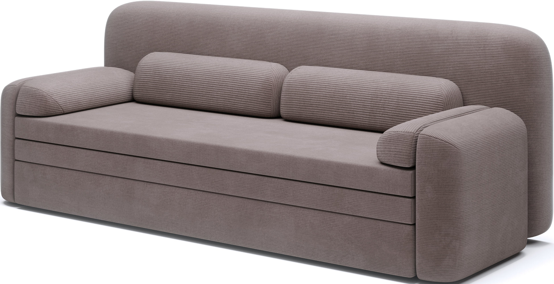 Sofa Elioss w tkaninie sztruksowej Tabbris 22 brązowej, widok z ukosa na nowoczesny design z zaokrąglonymi kształtami.