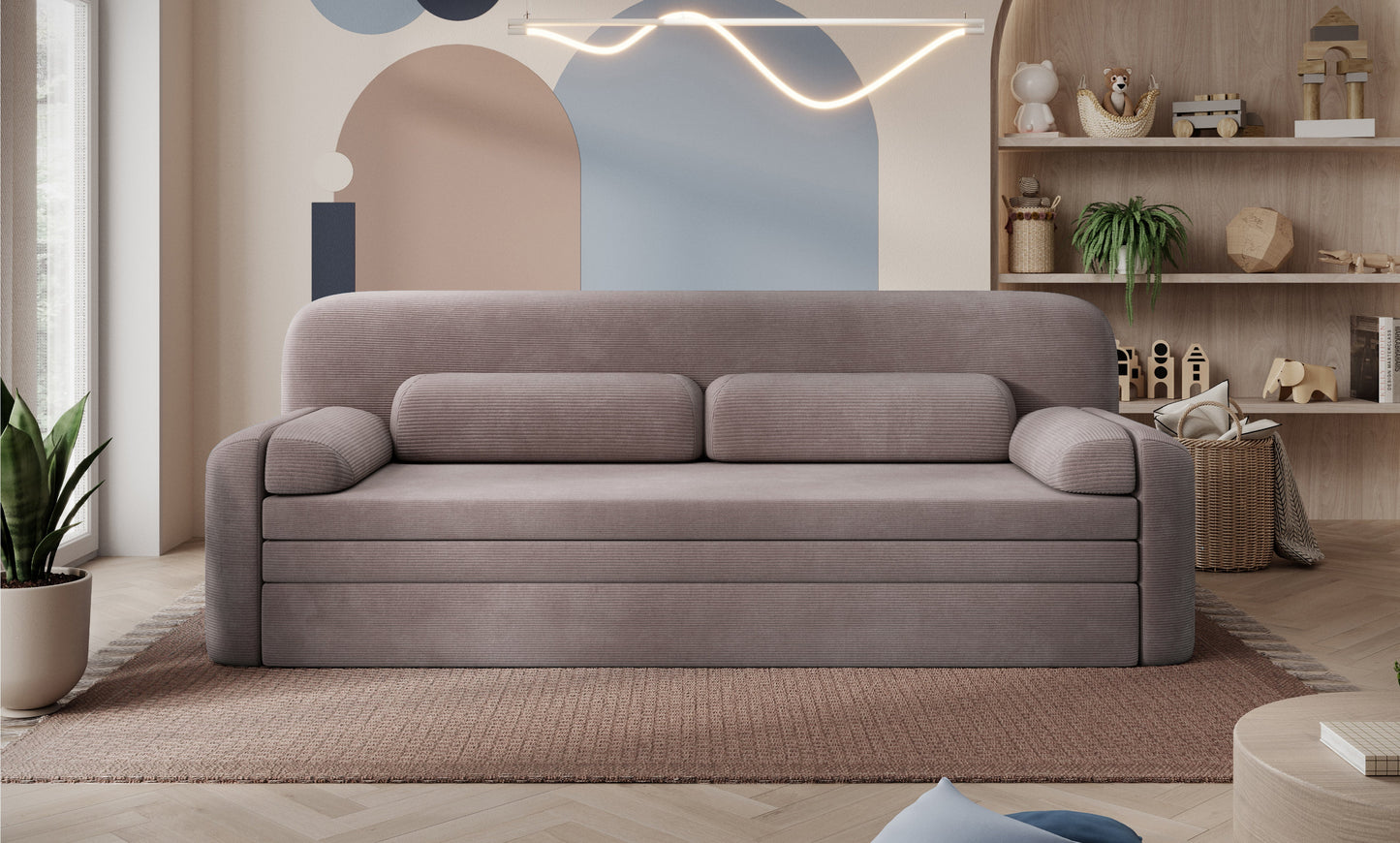 Sofa Elioss w tkaninie sztruksowej Tabbris 22 brązowej, ustawiona we wnętrzu z jasnym parkietem i pastelową ścianą dekoracyjną, styl nowoczesny.