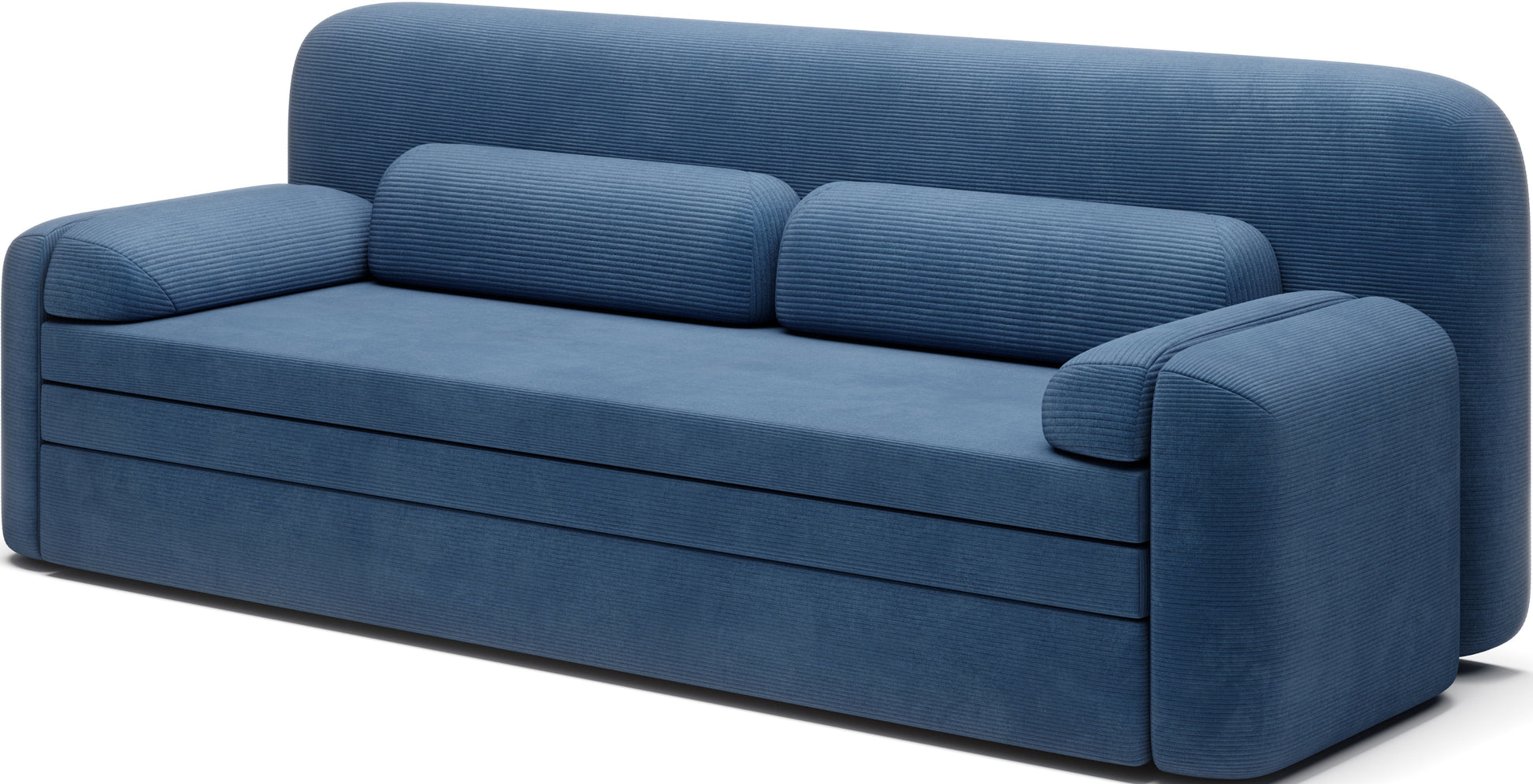 Sofa Elioss w tkaninie Tabbris 40 w kolorze niebieskim, widok pod skosem ukazujący masywne boczki i oparcie.