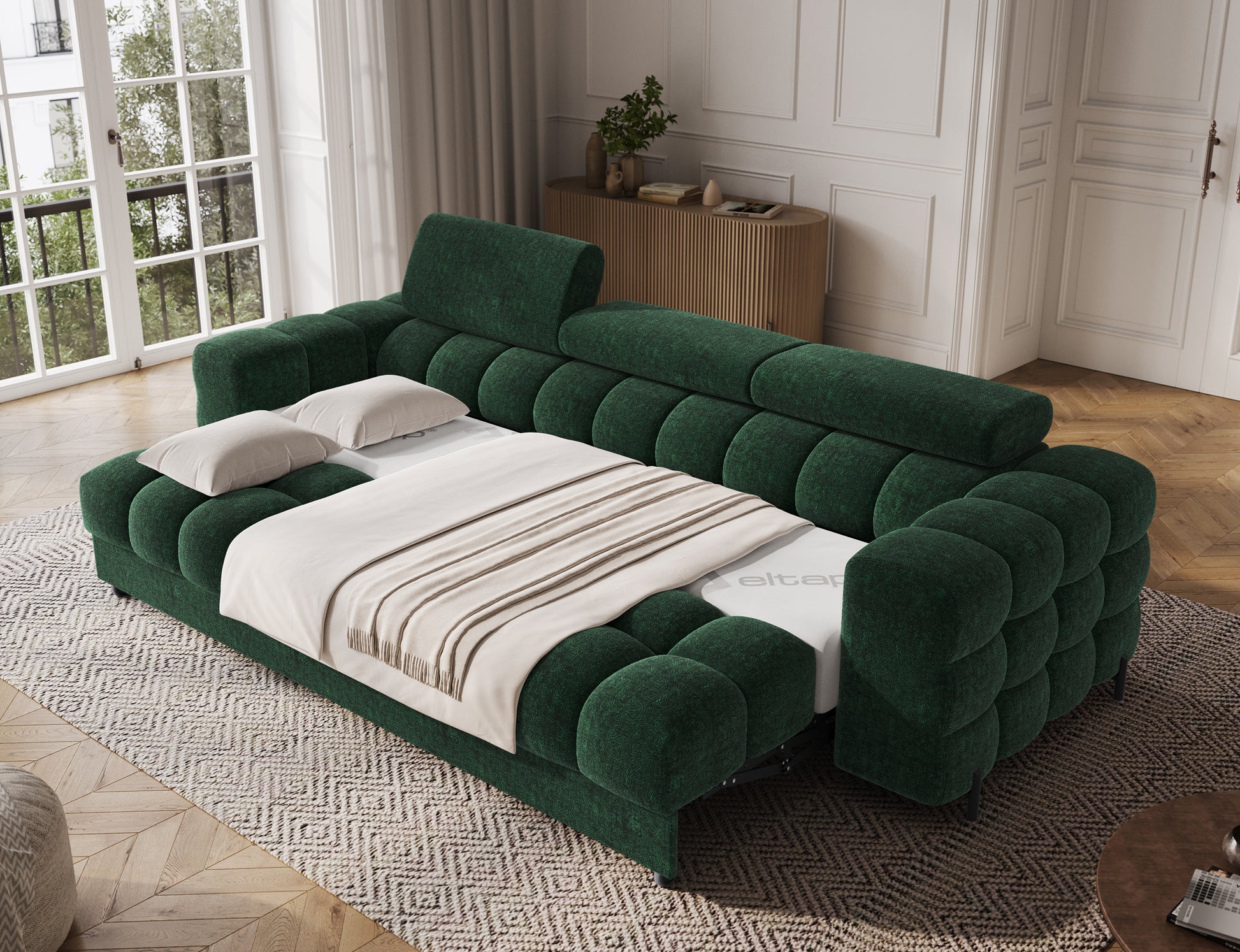 Sofa Festello Amore 35 zielony rozkładana – funkcja spania, wygodne siedzisko i nowoczesny design w stylowej aranżacji salonu.
