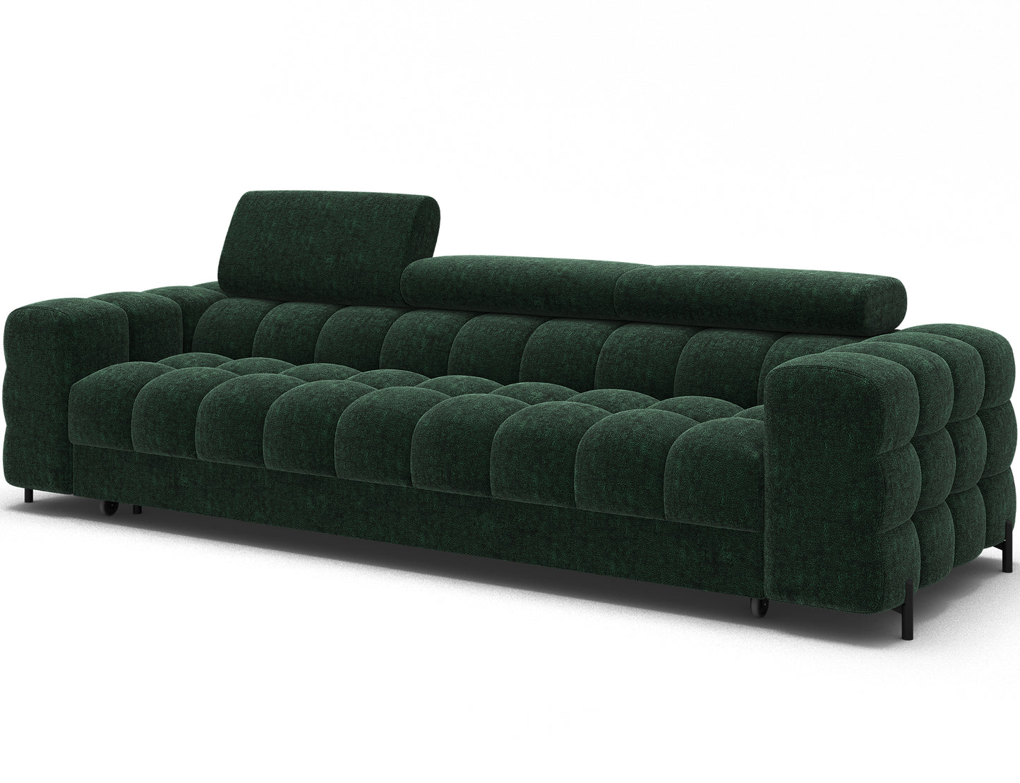 Sofa Festello Amore 35 zielony – skośny widok z lewej strony ukazujący pikowane siedzisko, masywne boki i eleganckie proporcje.