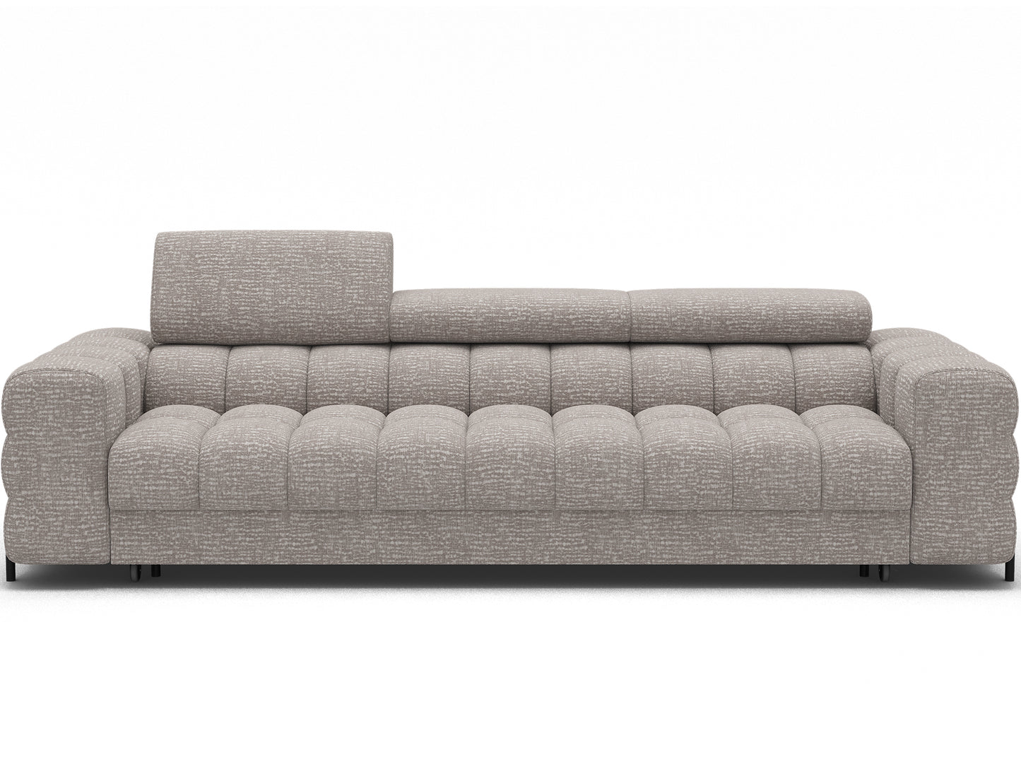 Elegancka sofa Festello Baffix 03 w jasnoszarym kolorze, widok od frontu, z regulowanym zagłówkiem i ozdobnym pikowaniem.