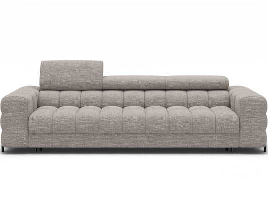 Elegancka sofa Festello Baffix 03 w jasnoszarym kolorze, widok od frontu, z regulowanym zagłówkiem i ozdobnym pikowaniem.