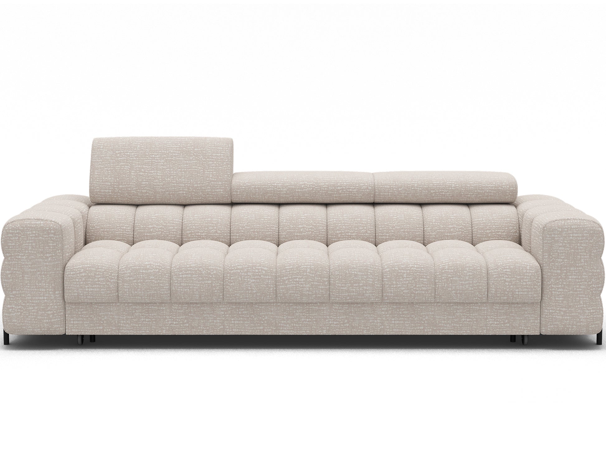 Beżowa sofa Festello Baffix 20 w widoku frontalnym, eleganckie pikowania i nowoczesny design do stylowych wnętrz.