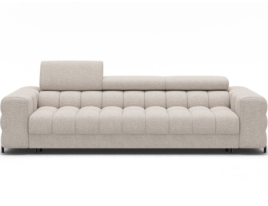 Beżowa sofa Festello Baffix 20 w widoku frontalnym, eleganckie pikowania i nowoczesny design do stylowych wnętrz.