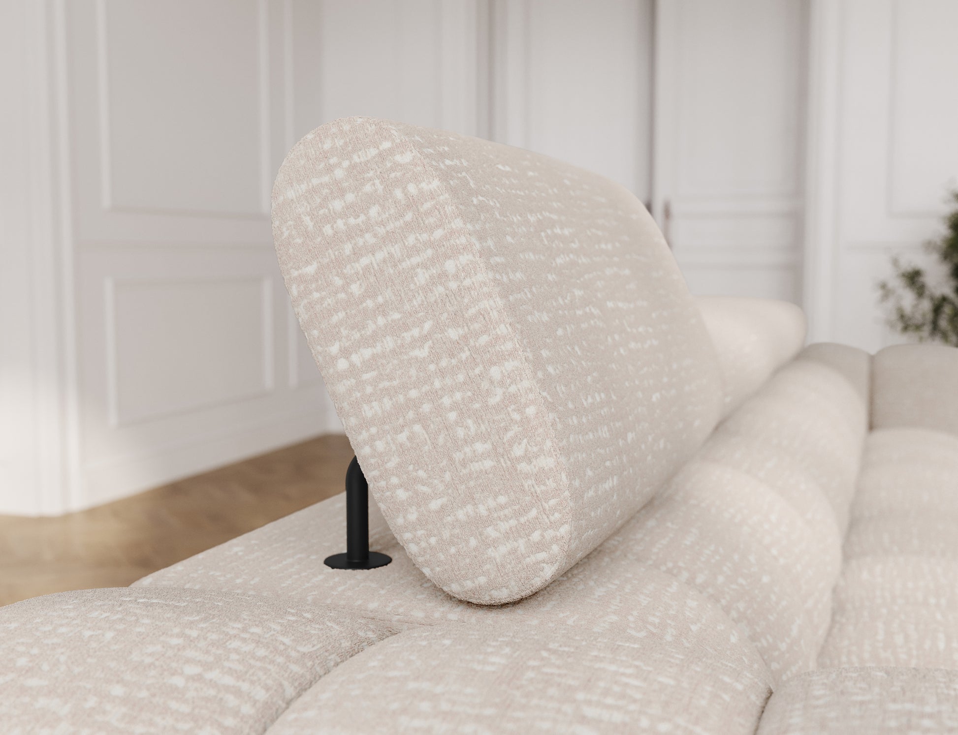 Sofa Festello Baffix 20 beżowa z regulowanym zagłówkiem zapewniającym dodatkowy komfort i wygodę podczas relaksu.