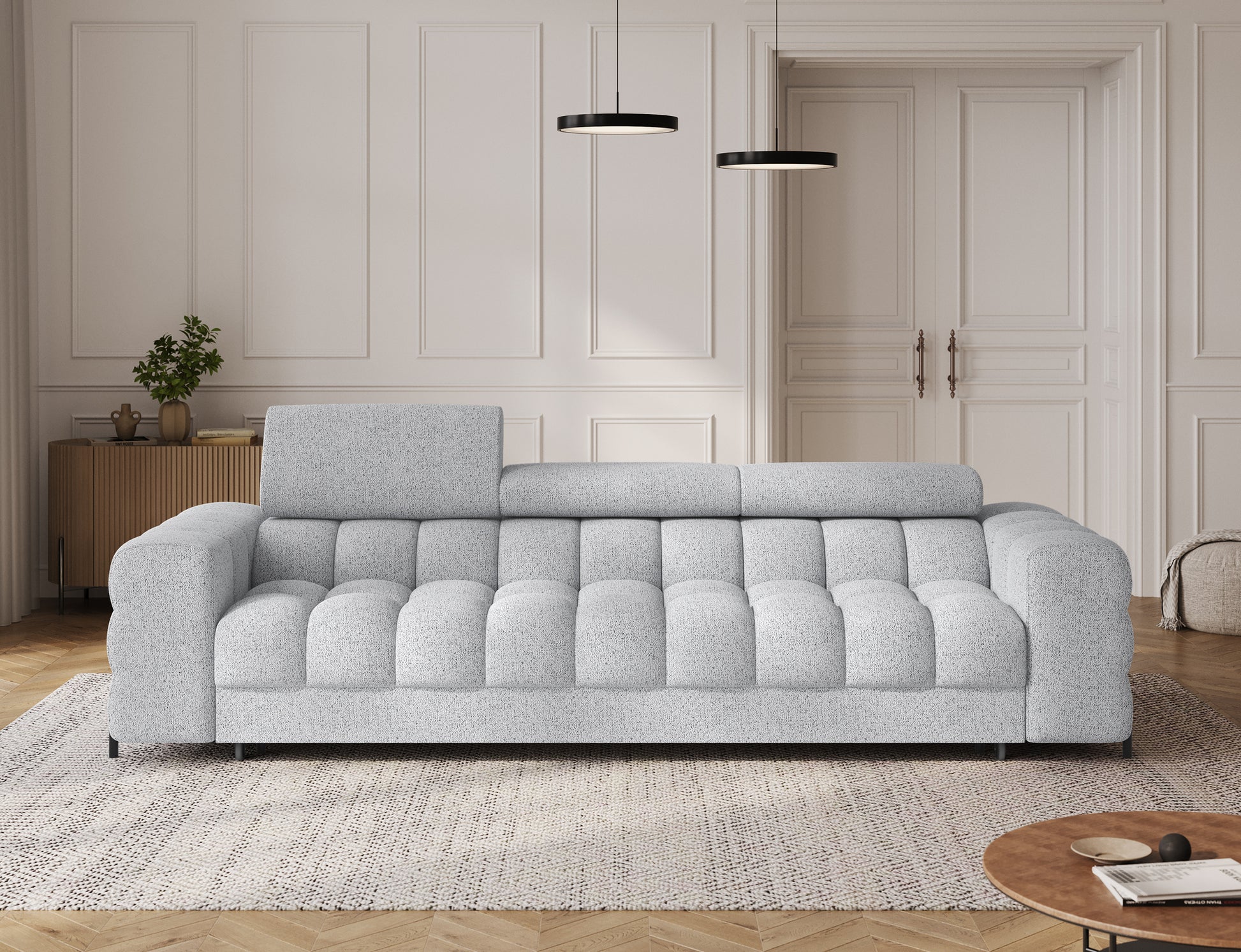 Sofa Festello Coralline 01 biała – nowoczesna sofa trzyosobowa z funkcją spania i komfortowymi zagłówkami do eleganckiego salonu.