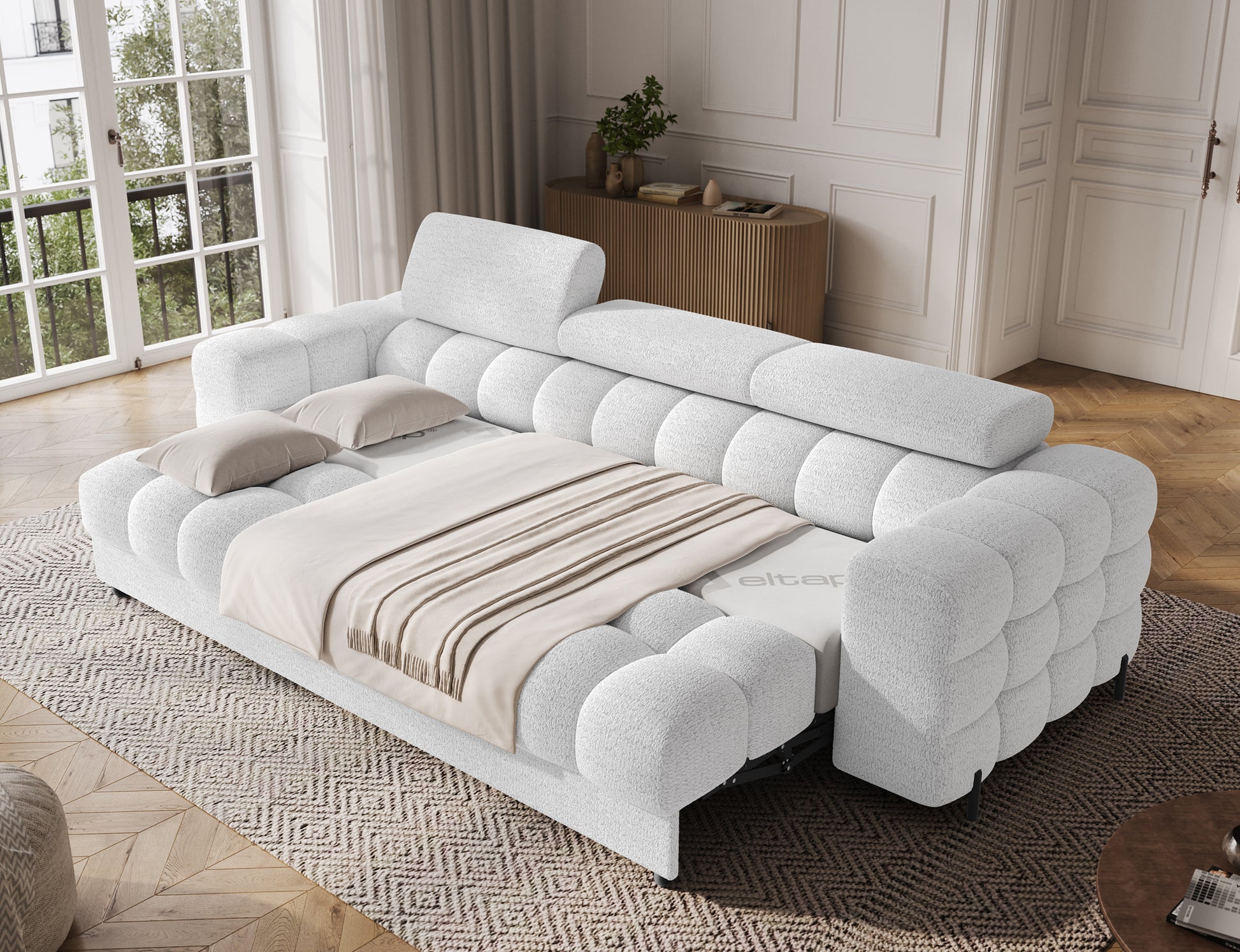 Sofa Festello Royal 01 biała rozkładana – funkcja spania, elegancki wygląd i wygoda w nowoczesnym salonie.