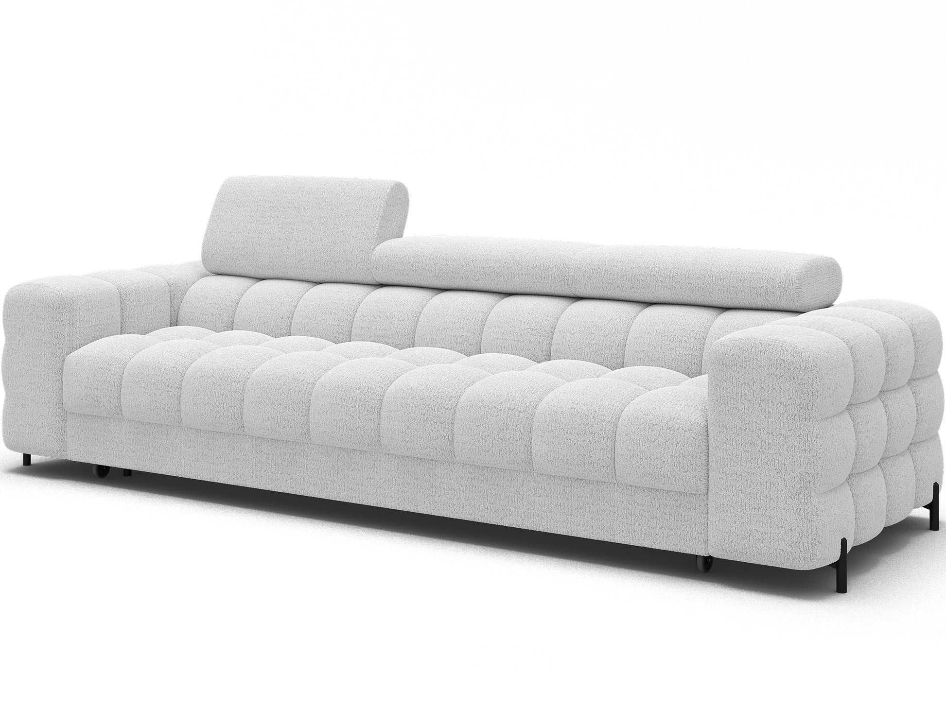 Sofa Festello Royal 01 biała – skośny widok nowoczesnej kanapy z funkcją spania i regulowanymi zagłówkami.