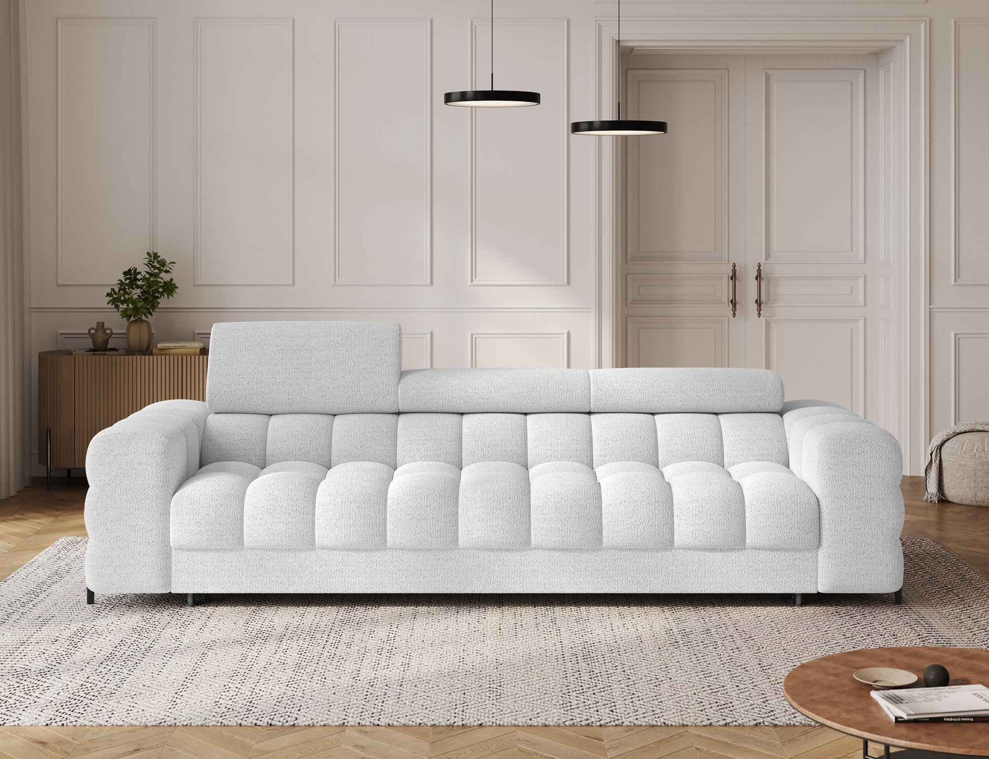 Sofa Festello Royal 01 biała – nowoczesna kanapa z funkcją spania i eleganckim designem w aranżacji salonu.