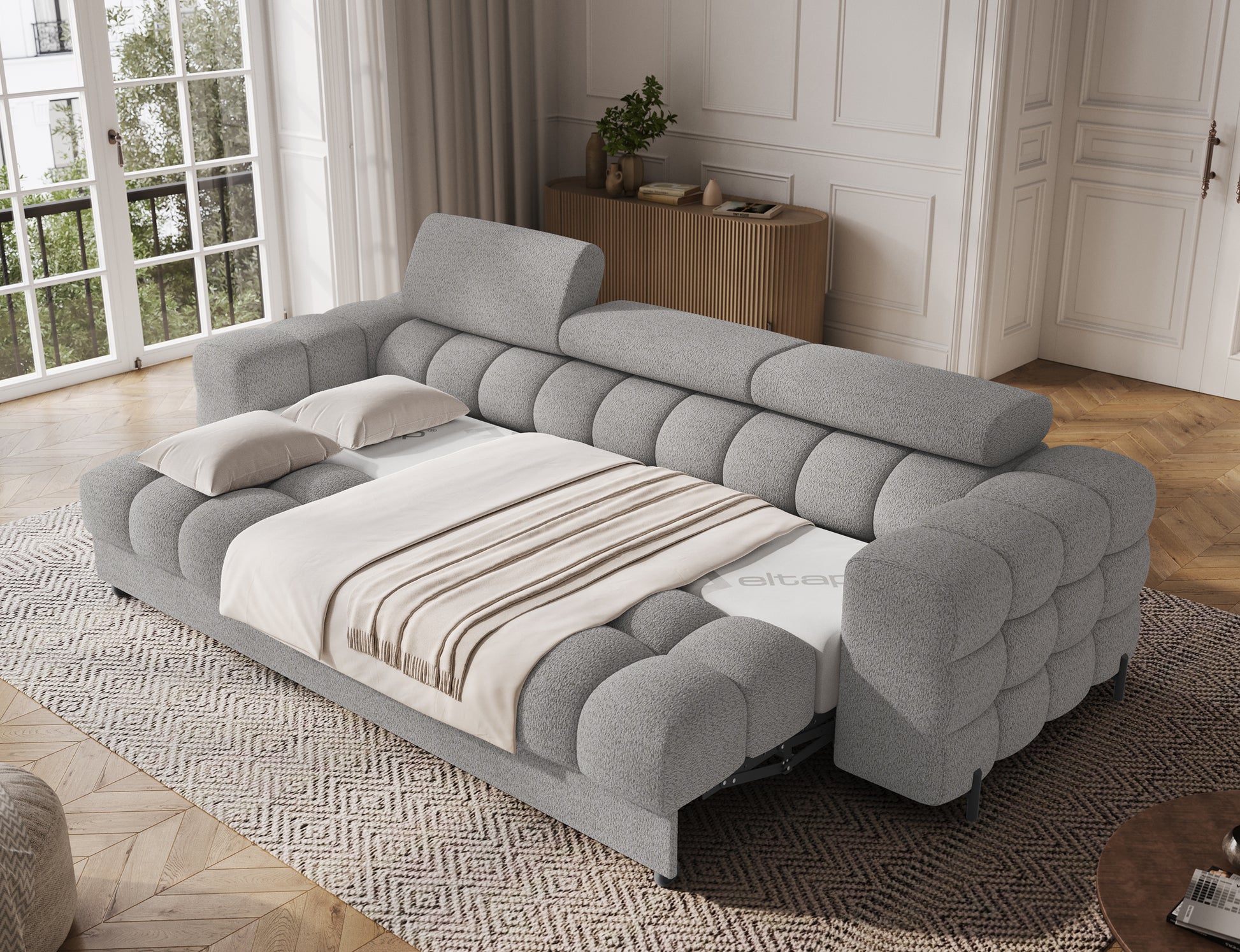 Sofa Festello Royal 04 szara rozkładana – praktyczna funkcja spania, elegancki wygląd i wygoda w nowoczesnym wnętrzu.