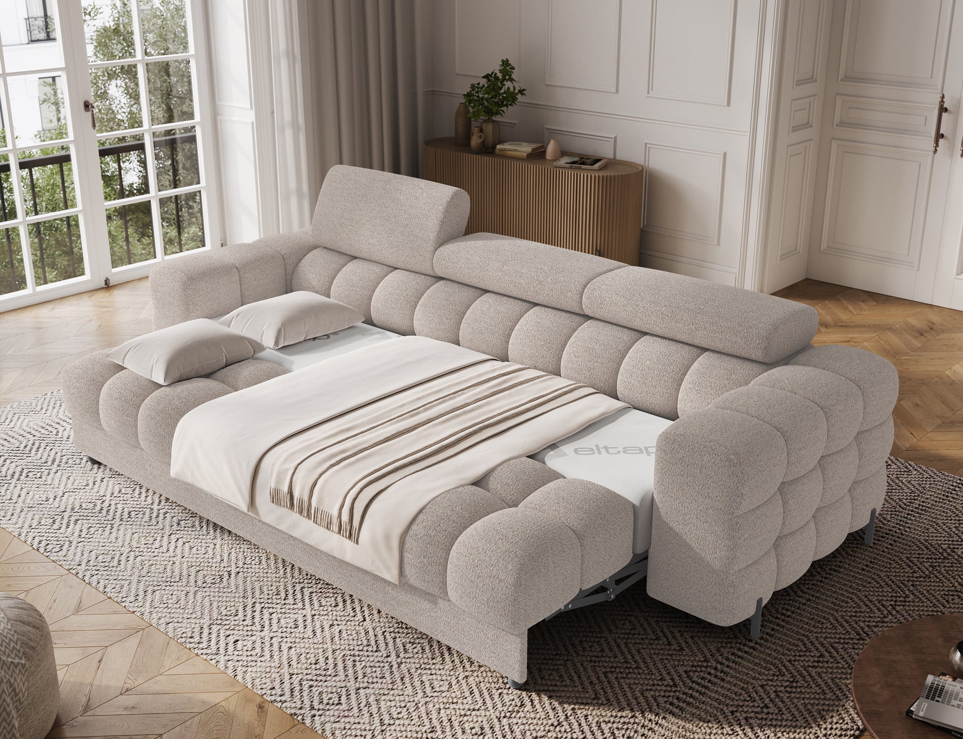 Sofa Festello Royal 18 jasnobeżowa rozkładana – funkcja spania, wygoda i elegancki styl w nowoczesnym salonie.