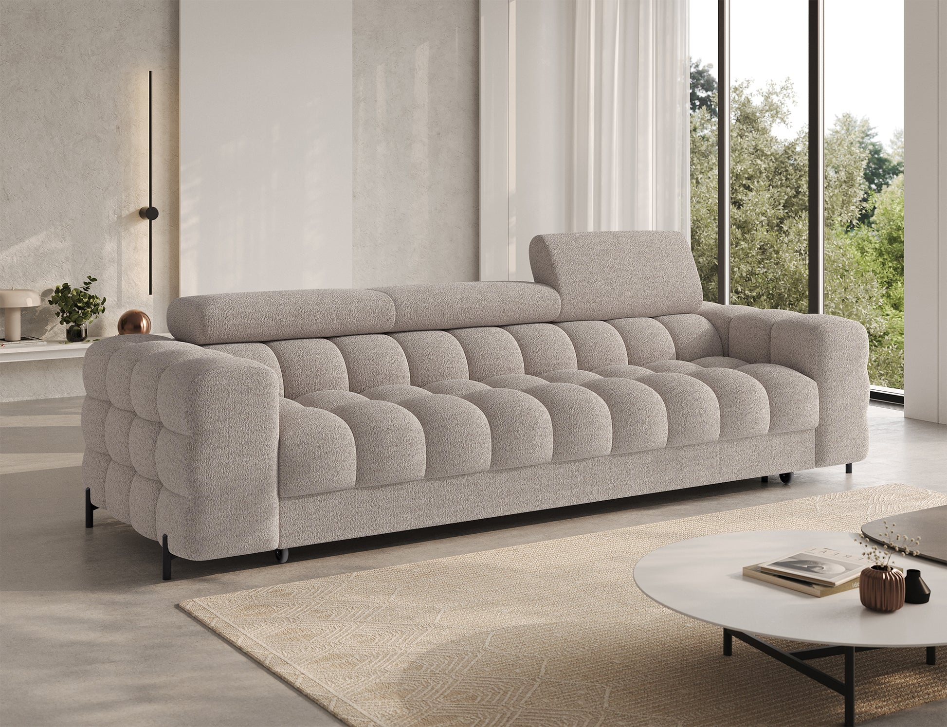 Stylowa sofa Festello Royal 18 jasnobeżowa – eleganckie pikowania, nowoczesny design i funkcjonalność do każdego wnętrza.