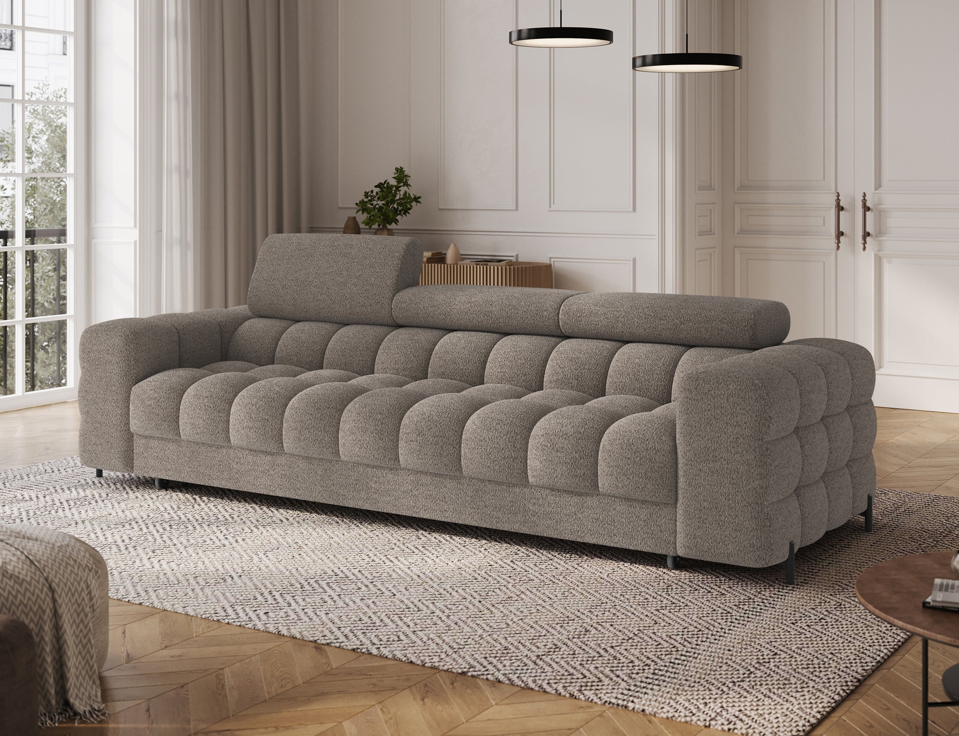 Sofa Festello Royal 20 beżowa z funkcją spania – widok skośny, nowoczesny design i regulowane zagłówki do eleganckiego salonu.