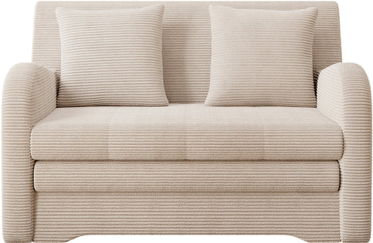 Beżowa sofa Jarell w prążkowanej tkaninie, dwie poduszki, ujęcie frontalne na białym tle.