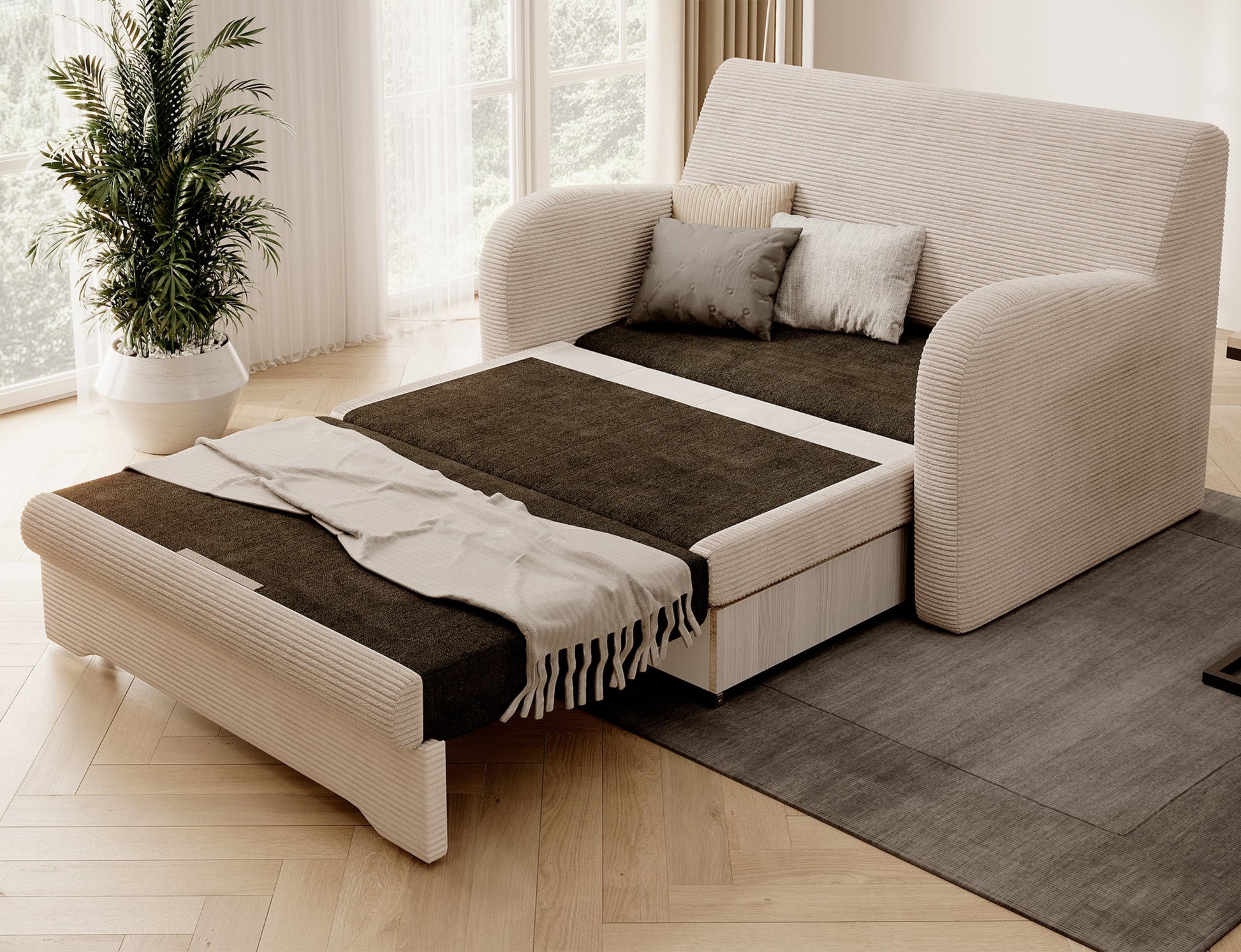 Beżowa sofa Jarell w prążkowanej tkaninie, rozłożona do spania, ujęcie skośne w salonie na dywanie, przy oknie z rośliną.