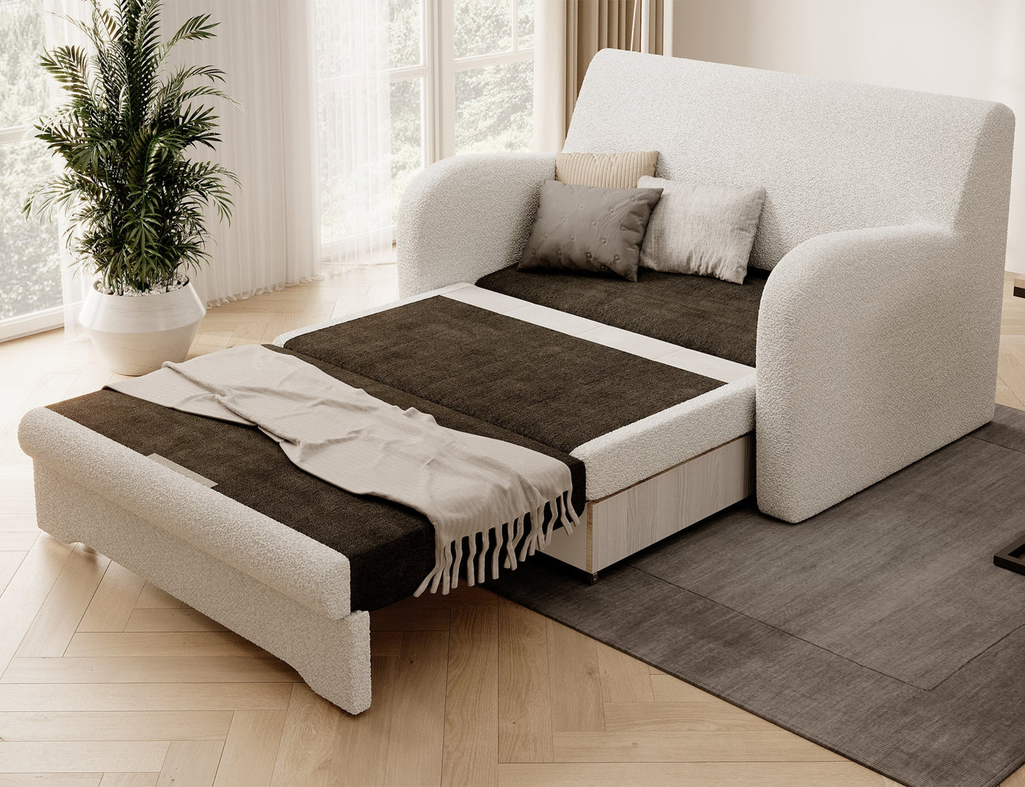 Biała sofa Jarell w tkaninie bouclé, rozłożona do spania, ujęcie skośne w salonie na dywanie, przy oknie z rośliną.