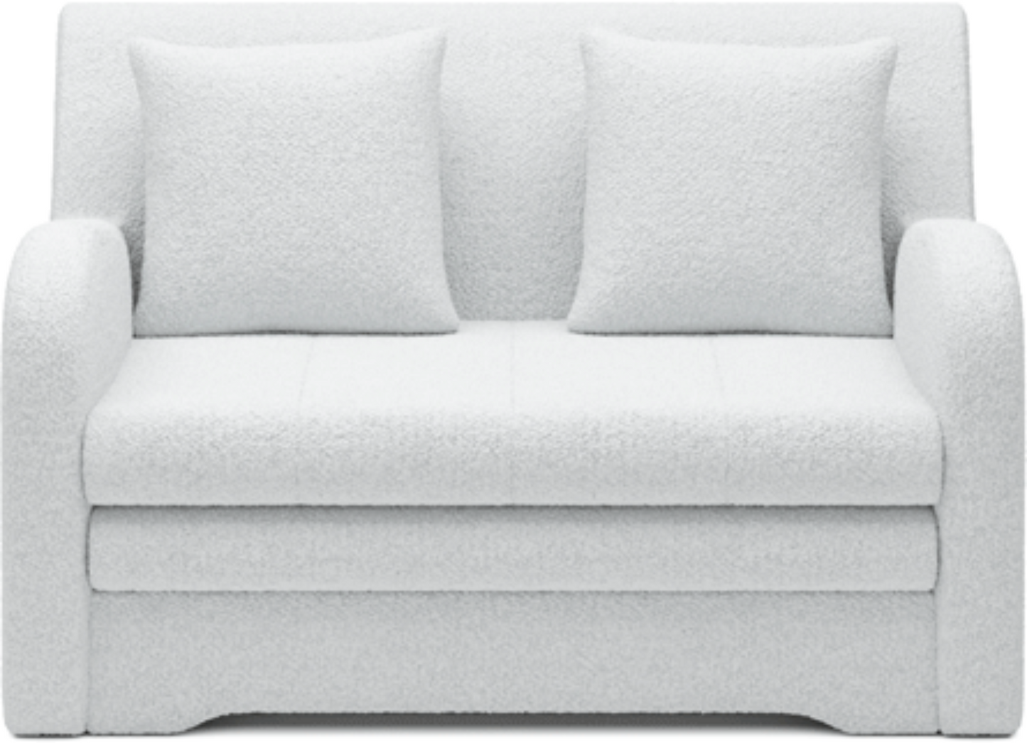 Biała sofa Jarell w tkaninie boucle, packshot, widok frontalny na białym tle z dwiema poduszkami.