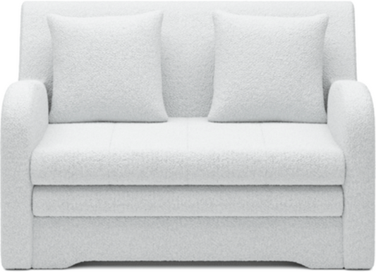 Biała sofa Jarell w tkaninie boucle, packshot, widok frontalny na białym tle z dwiema poduszkami.