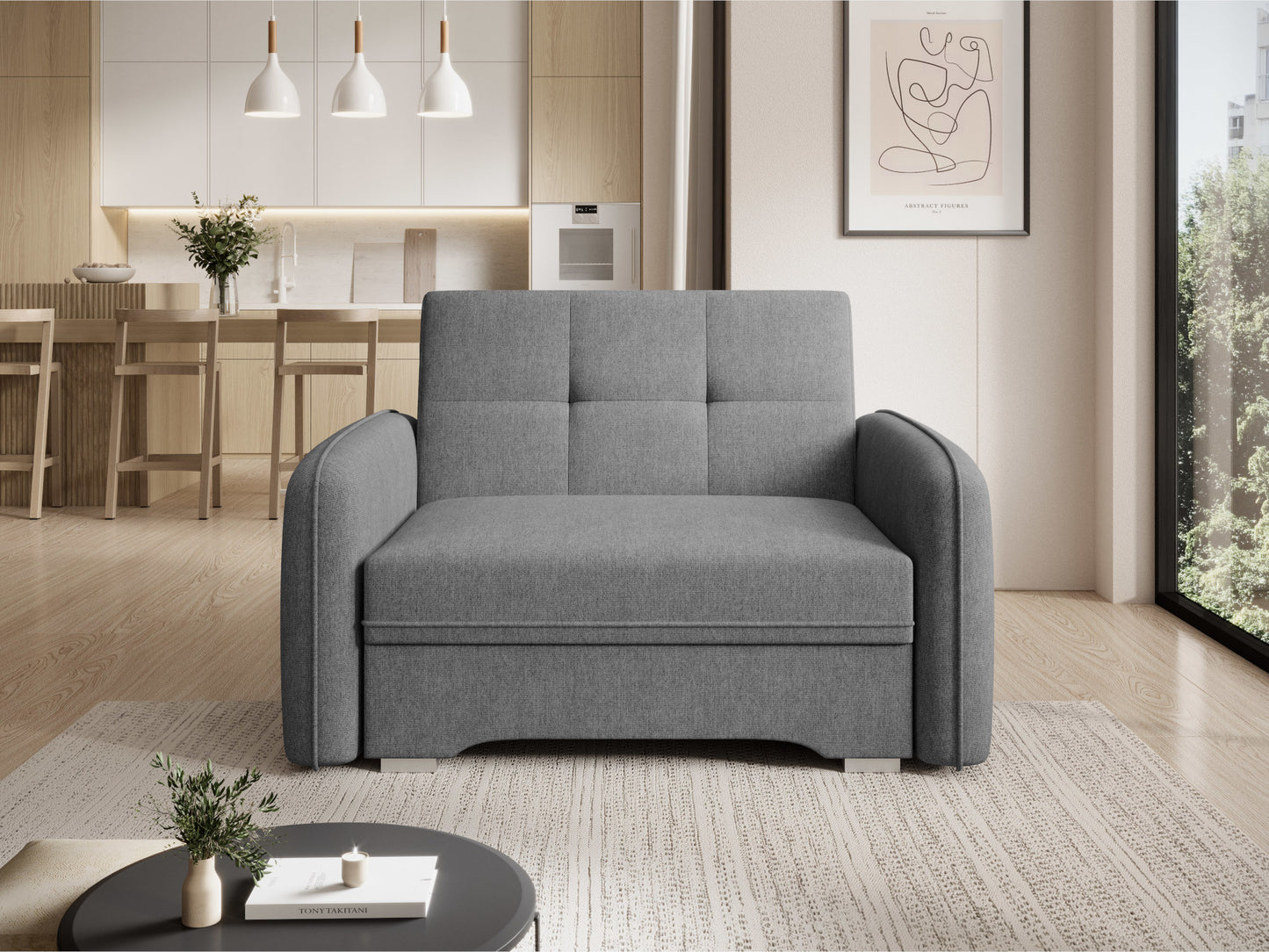 Sofa Laine 1-osobowa Poco 04 – szara tapicerka, proste linie i pikowane oparcie w eleganckim wnętrzu z kuchnią i minimalistycznym plakatem.