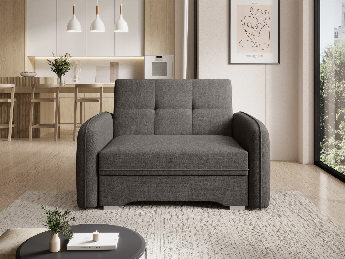 Widok od frontu: sofa Laine 1-osobowa Poco 05 – ciemnoszara tapicerka, geometryczna forma i proste pikowania w nowoczesnym wnętrzu.