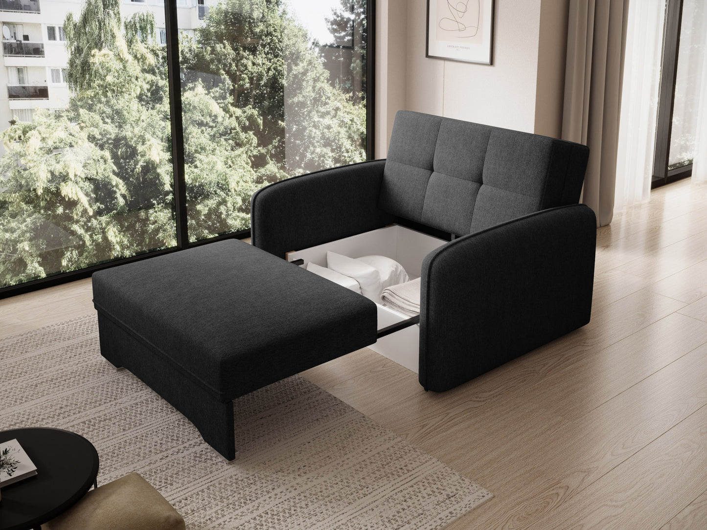 Czarna sofa Laine z pojemnikiem na pościel – wnętrze wykończone na biało, kontrastujące z ciemną, elegancką tkaniną Poco 10.