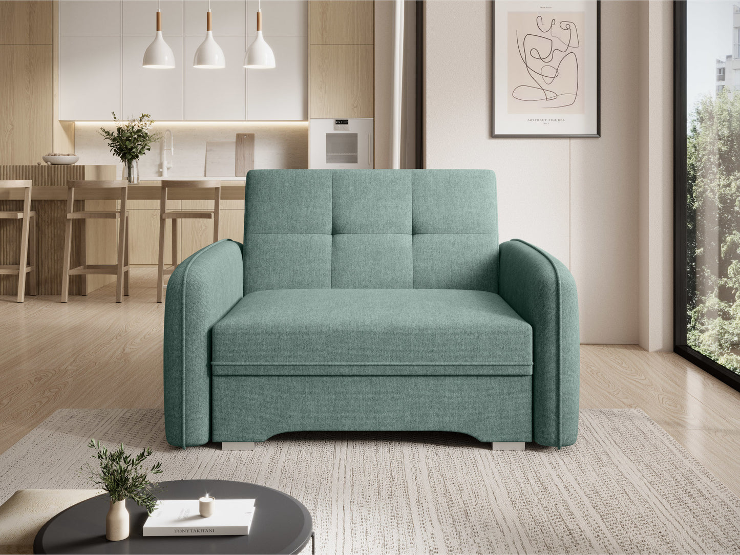 Sofa Laine 1-osobowa w tkaninie Poco 100 jasnozielony, widok frontalny w nowoczesnej aranżacji kuchni z jadalnią.