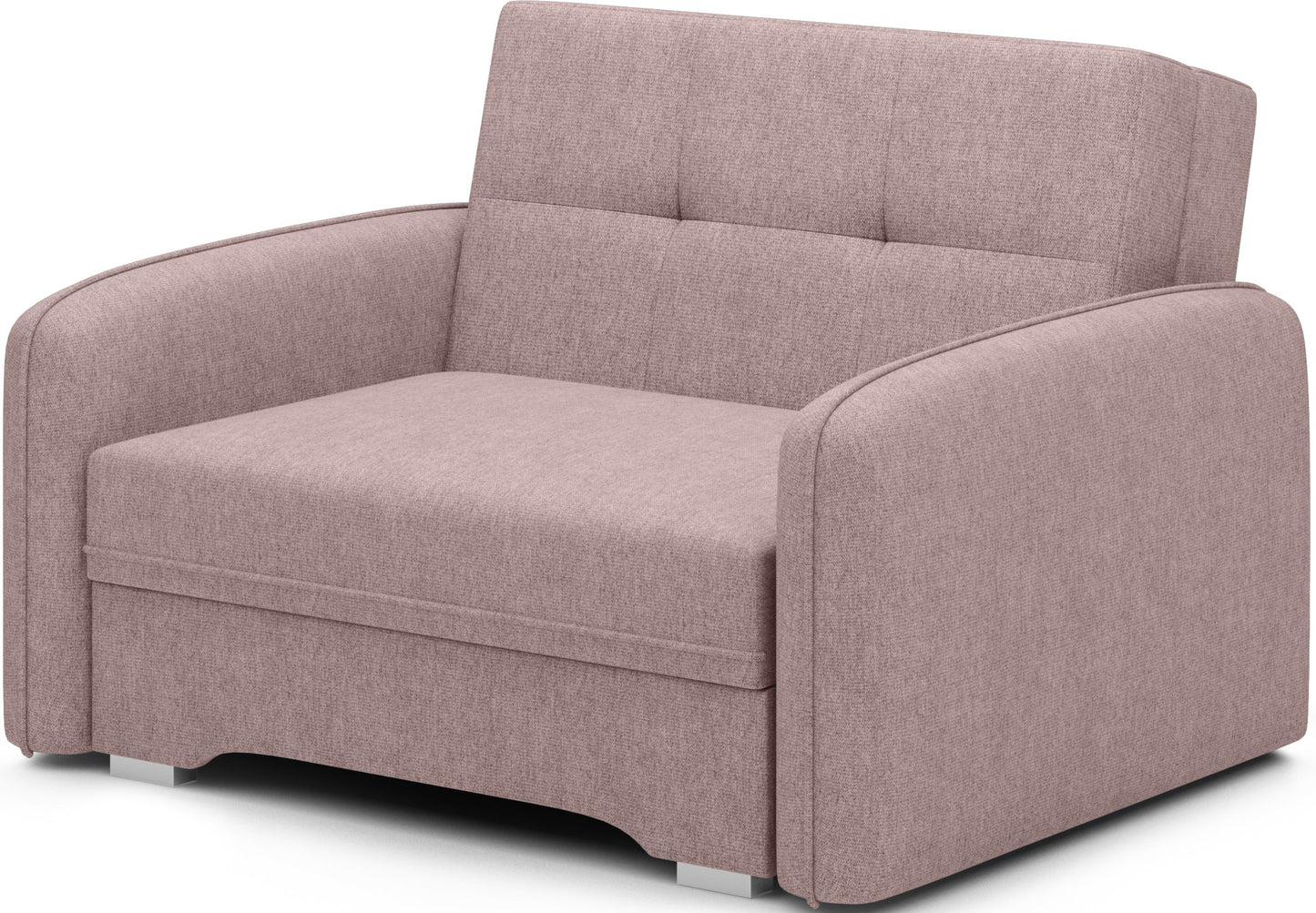 Sofa Laine jednoosobowa w różowej tkaninie Poco 101 z zaokrąglonymi podłokietnikami i niskimi srebrnymi nóżkami.