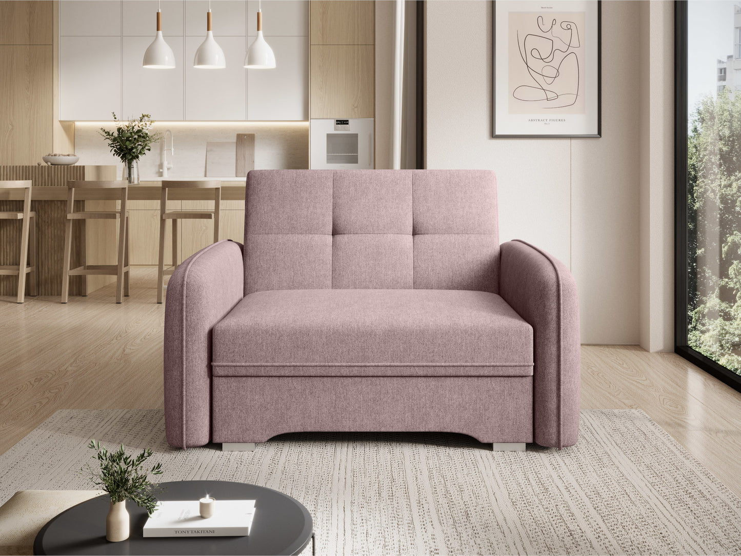 Jednoosobowa sofa Laine w tkaninie Poco 101 w kolorze różowym, ustawiona we wnętrzu z aneksem kuchennym i dużym oknem.